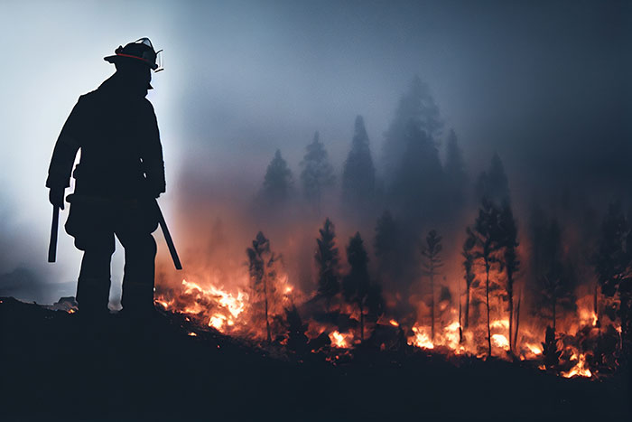 Firefighter silhouetted against a forest fire, capturing a situation with an overwhelming feeling of needing to leave.