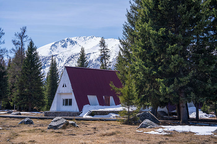 Cabaña en la montaña con árboles y nieve, ilustrando instinto de las personas para irse a tiempo y evitar peligros.