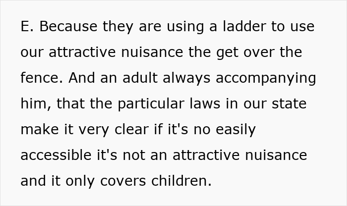 Text excerpt explaining how neighbors use a ladder to secretly access a family&rsquo;s backyard despite complaints and legal nuances.