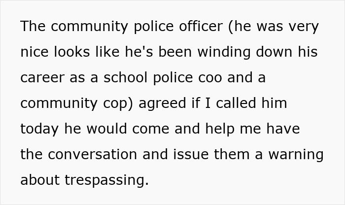 Community police officer discussing trespassing warning for nightmare neighbors secretly using family&rsquo;s backyard without permission.