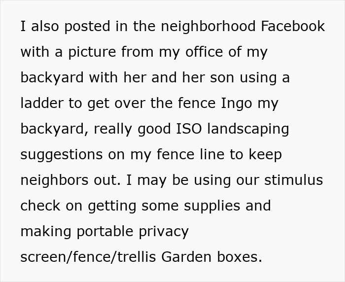 Text about neighbors secretly using backyard without permission, with suggestions for landscaping and privacy screens to keep them out.