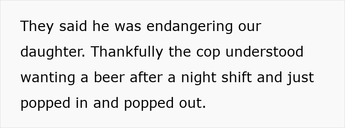 Text about neighbors complaining and a cop understanding after a night shift, relating to backyard disputes and secret usage.