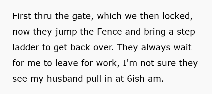 Text excerpt showing a family describing nightmare neighbors secretly using their backyard by jumping the locked fence.
