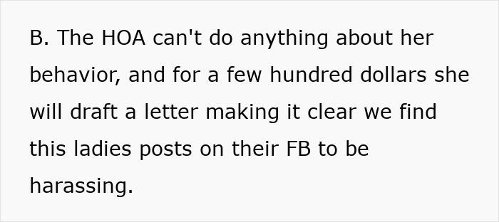 Text excerpt discussing HOA limitations and harassment in neighborhood complaints about backyard use.