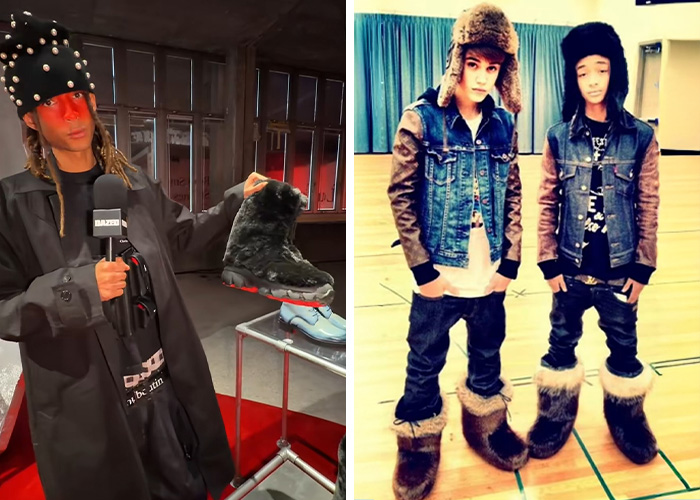 Young men wearing fur-lined boots and winter hats showcasing Christian Louboutin fashion amid internet reactions to Black Brooklyn Beckham. Young men wearing fur-lined boots and winter hats showcasing Christian Louboutin fashion amid internet reactions to Black Brooklyn Beckham.