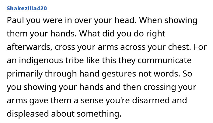 Comment explaining the significance of hand gestures in communication with an uncontacted Amazonian tribe shown in footage. Comment explaining the significance of hand gestures in communication with an uncontacted Amazonian tribe shown in footage.