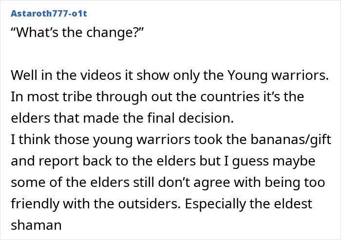 Screenshot of a forum post discussing uncontacted Amazonian tribe young warriors and elders' decisions about outsiders. Screenshot of a forum post discussing uncontacted Amazonian tribe young warriors and elders' decisions about outsiders.