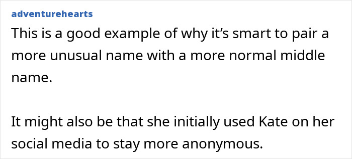 Text post by adventurehearts discussing why pairing an unusual name with a normal middle name helps with anonymity online.