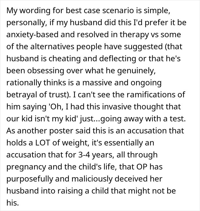 Text discussing a husband's demand for a paternity test for his 3-year-old son and his wife's therapy suggestion.
