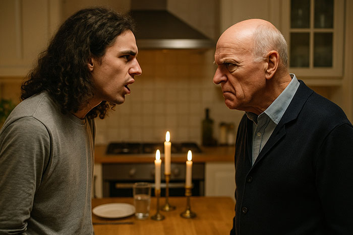 Bald man shaming long-haired nephew in kitchen, intense argument about cooking and lifestyle choices.