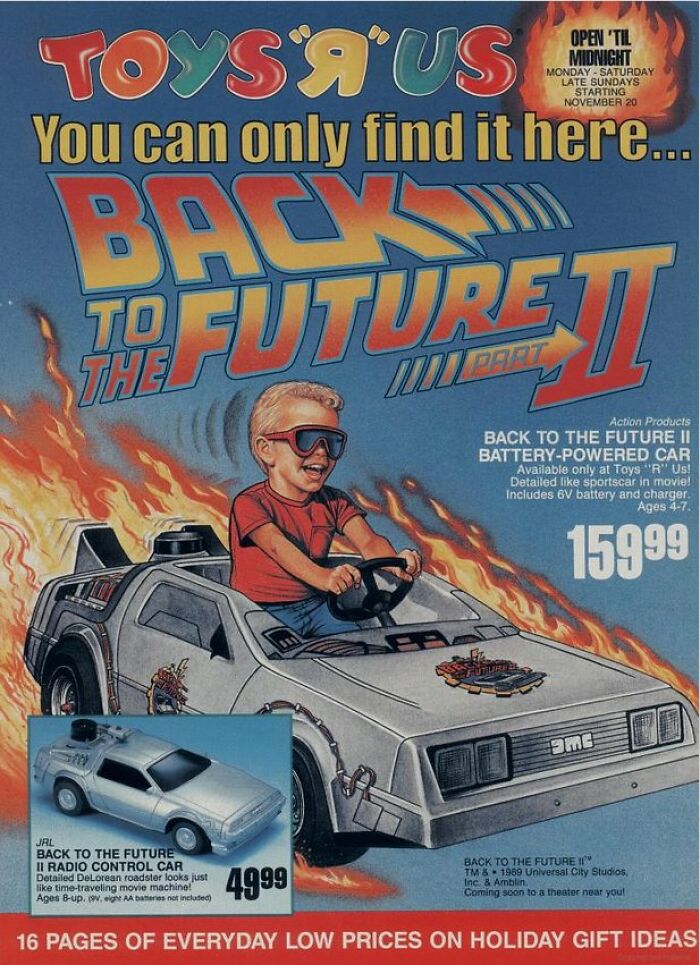 Vintage ads featuring Back to the Future II toy cars at Toys R Us, showcasing bizarre and fascinating retro products.