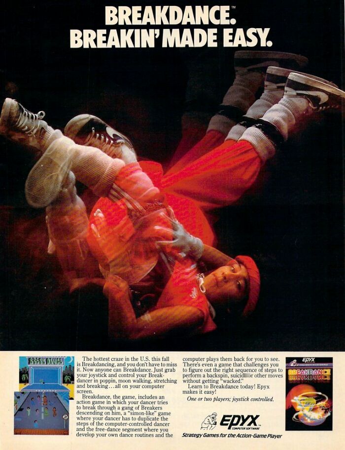 Vintage breakdance advertisement showing a dancer in motion promoting classic breakdance video game from the 1980s.