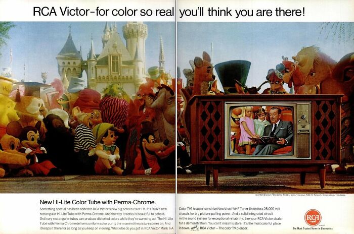 Vintage RCA Victor ad shows colorful animated characters gathered around a retro TV, highlighting vivid color technology innovation.