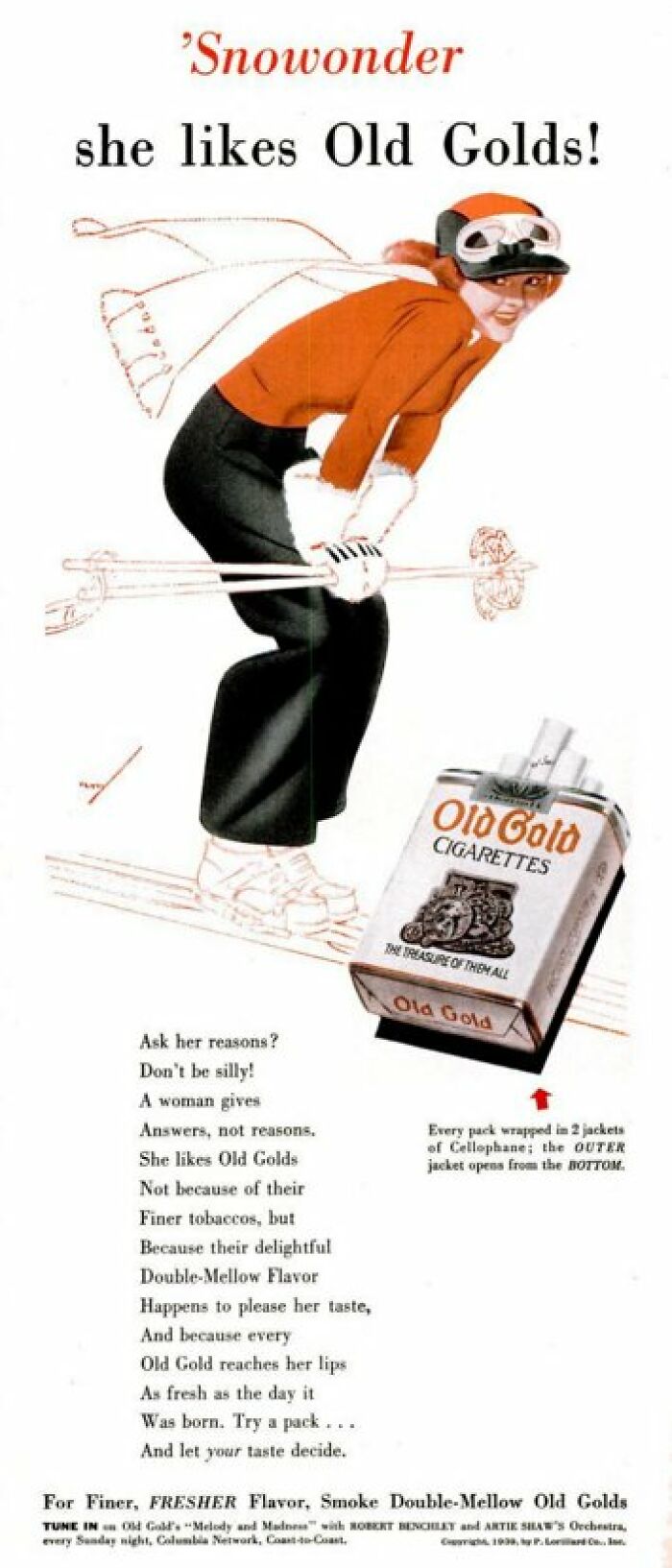 Vintage ad of a woman skier promoting Old Gold cigarettes with text highlighting its double-mellow flavor.