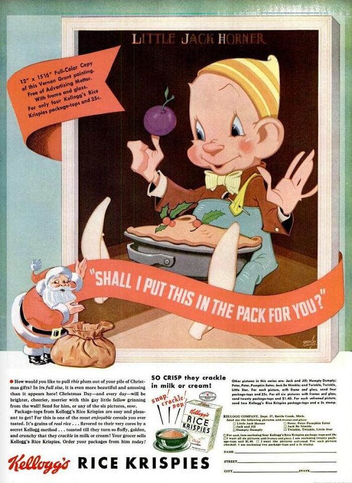 Vintage Kellogg’s Rice Krispies ad featuring Little Jack Horner and Santa promoting holiday cereal packaging.