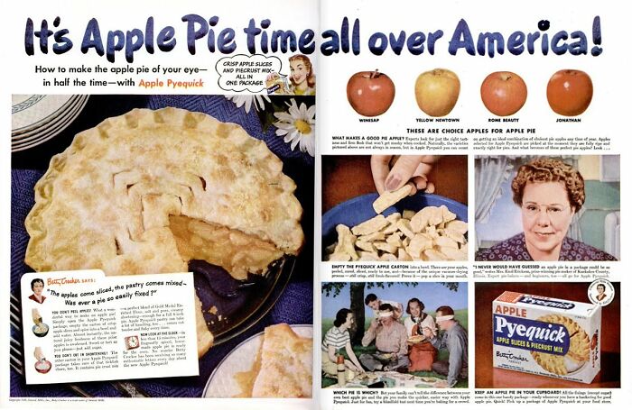 Vintage ad showing apple pie, pie crust mix, and different apple varieties in a bizarre vintage ad style.