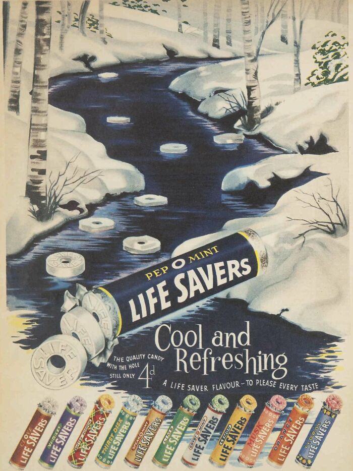 Vintage Life Savers ad with Pep O Mint candy rolls displayed along a snowy forest river, showcasing classic branding and flavors.