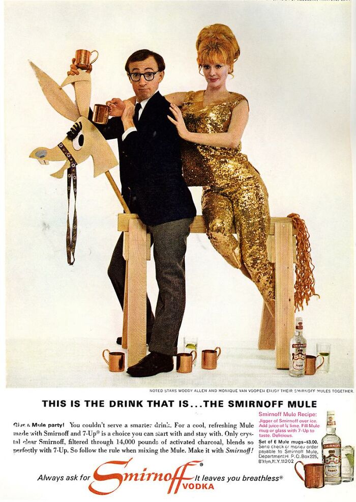 Vintage Smirnoff mule ad featuring a man and woman with wooden mule prop in quirky retro style.