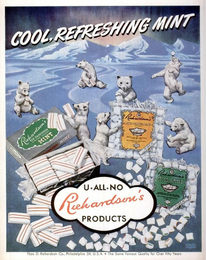 Vintage ads showing playful polar bears promoting Richardson’s mint candy with ice and snow in the background.