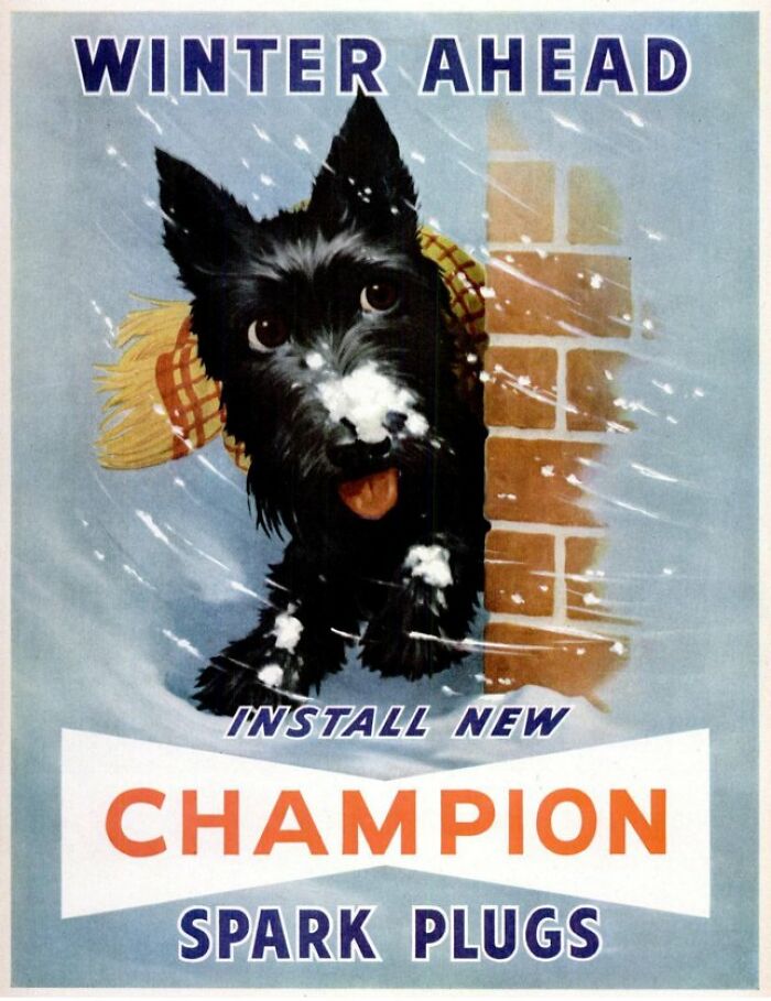 Vintage ad featuring a black dog in snow promoting Champion spark plugs with a winter theme and bold text.