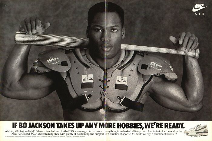 Vintage Nike ad featuring Bo Jackson in football gear holding a baseball bat, showcasing bizarre vintage ads from the past.