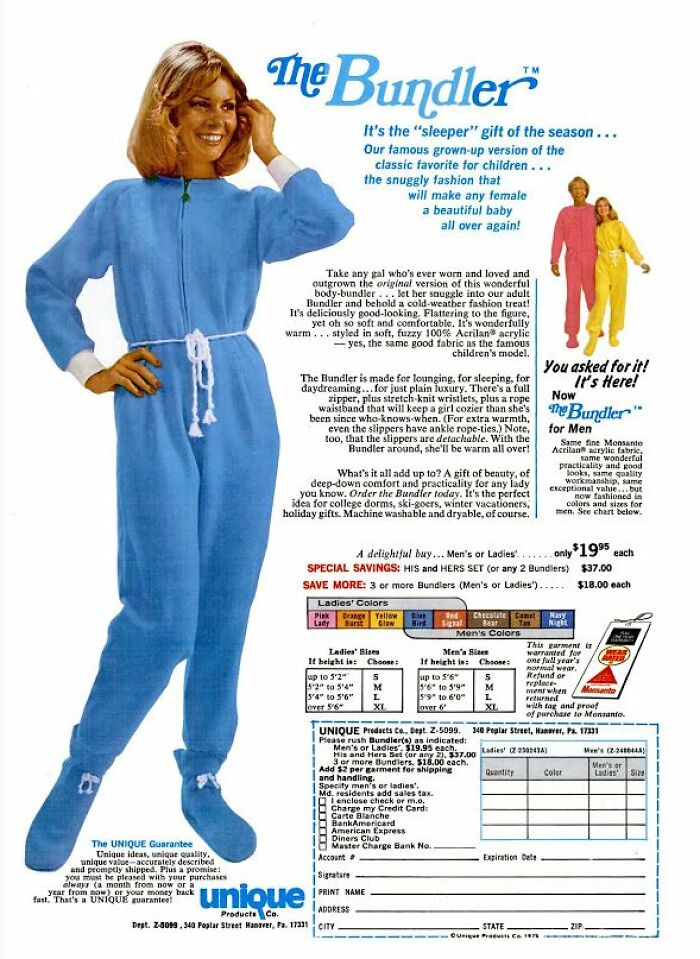 Vintage ads featuring unique adult body-bundler loungewear showcasing bizarre fashion trends from past decades.
