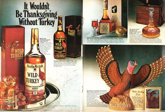 Vintage Wild Turkey whiskey ad featuring bottles, a glass, and a detailed turkey figurine from a 1970s magazine.