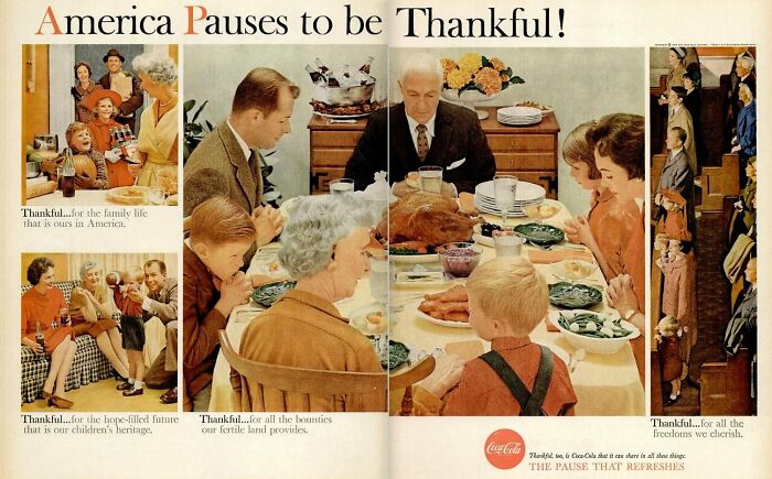 Vintage Coca-Cola ad showing a multigenerational family giving thanks around a holiday dinner table.