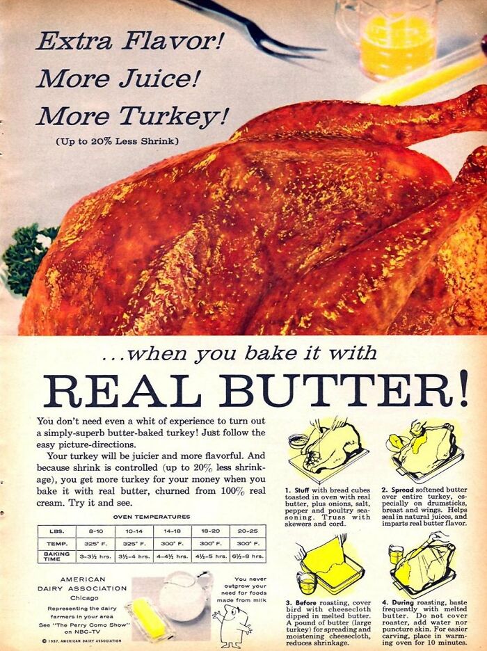 Vintage ad showing a roasted turkey baked with real butter, highlighting flavor and juiciness in vintage ads.