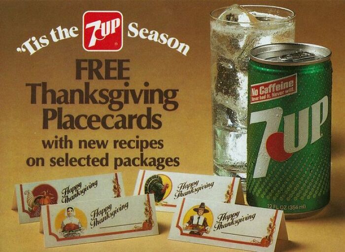 Vintage 7UP ad offering free Thanksgiving placecards with soda can and glass of ice in retro design.