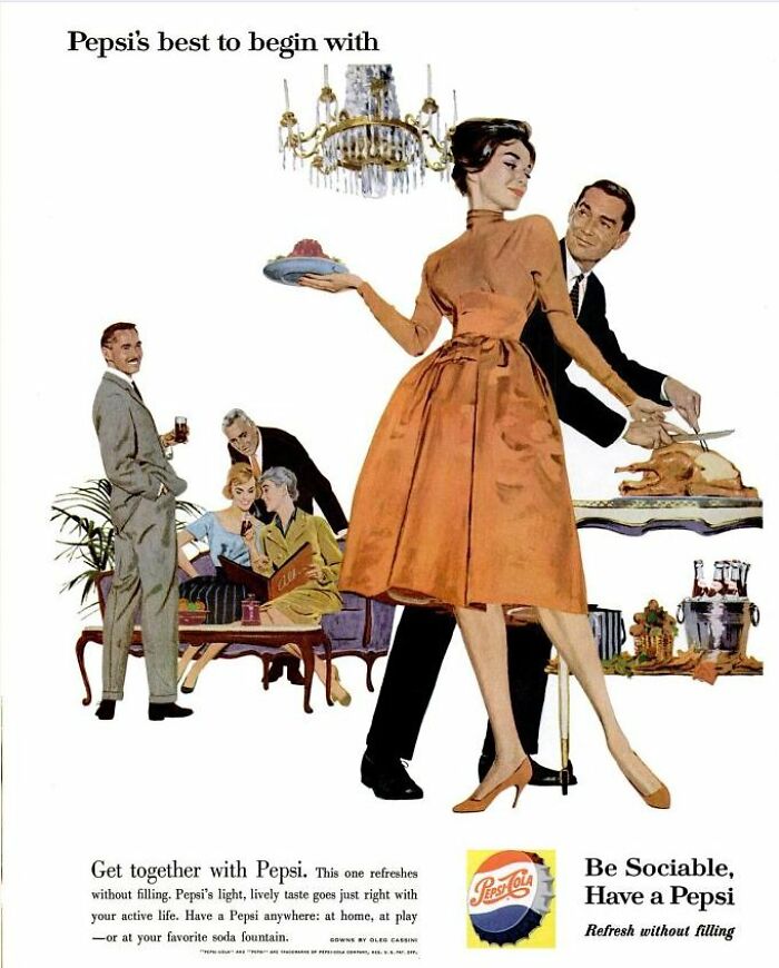 Vintage Pepsi ad showing a social gathering with stylishly dressed people, highlighting bizarre vintage ads.