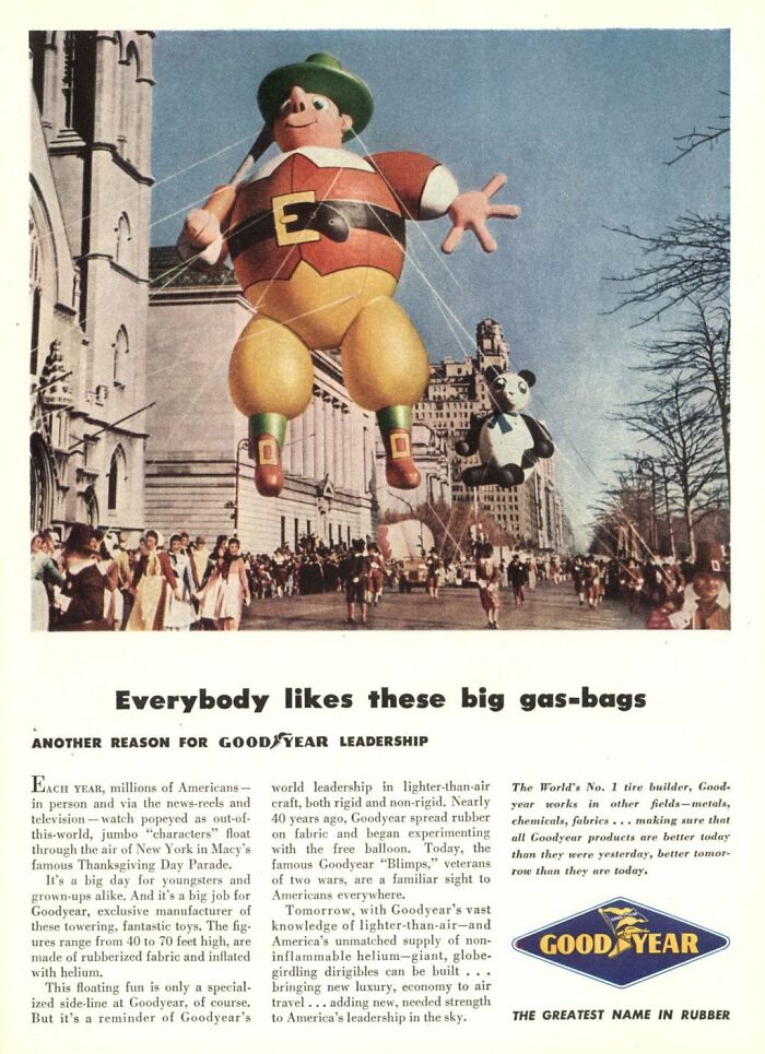 Vintage Goodyear balloon parade ad showing large character balloons floating over a city street and crowd below.