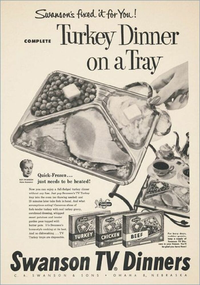 Vintage ad showing a quick-frozen turkey dinner on a tray, illustrating bizarre vintage ads that wouldn’t fly today.
