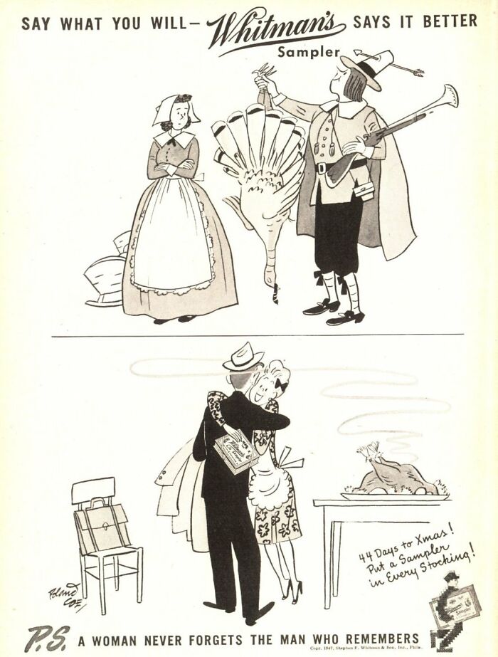 Vintage Whitman's ad shows a Pilgrim man with a turkey and a couple hugging over a gift box sampler.