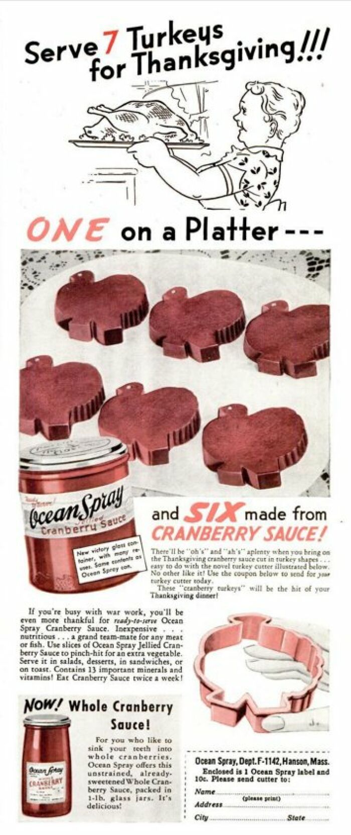 Vintage ad showing a woman serving seven turkeys and cranberry sauce turkey cutters from Ocean Spray.