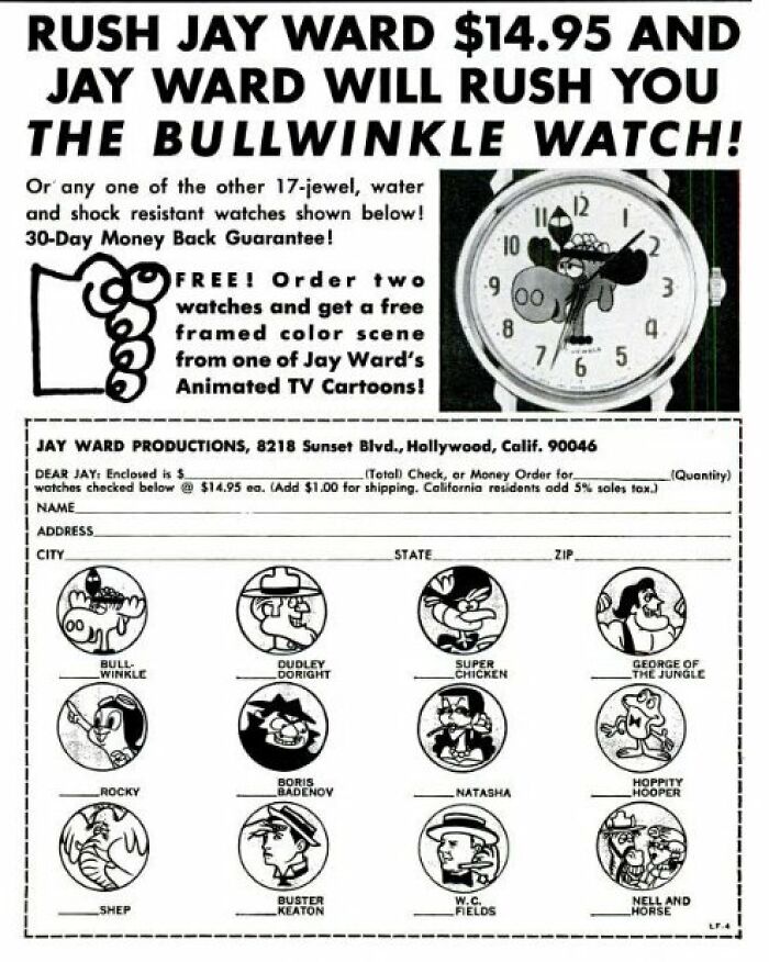 Vintage advertisement for Bullwinkle watches featuring cartoon characters and an order form for multiple designs.