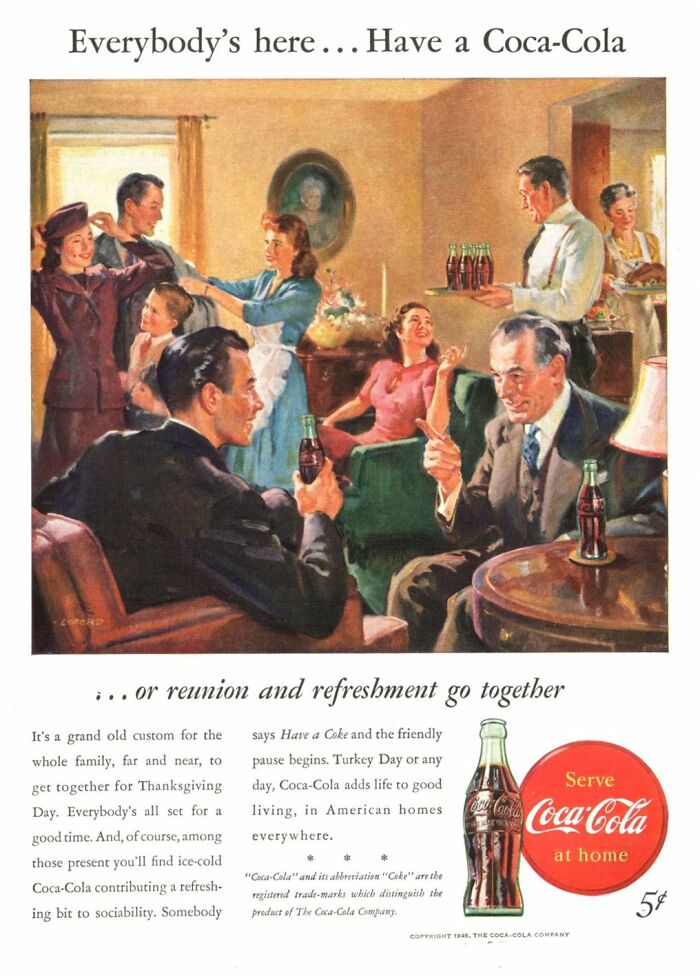 Vintage Coca-Cola ad showing a joyful family reunion with people enjoying soda and socializing indoors.