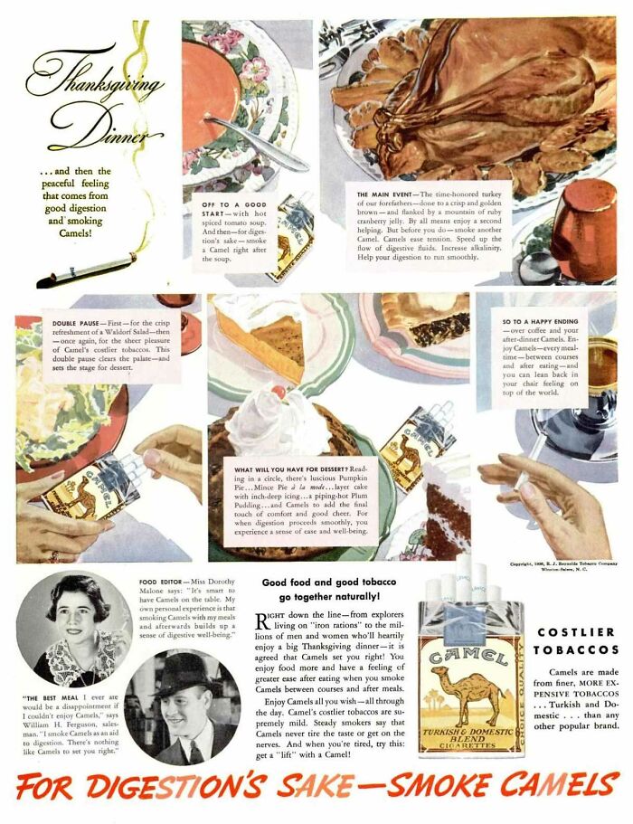Vintage ad promoting Camel cigarettes for digestion after Thanksgiving dinner with food and tobacco theme.