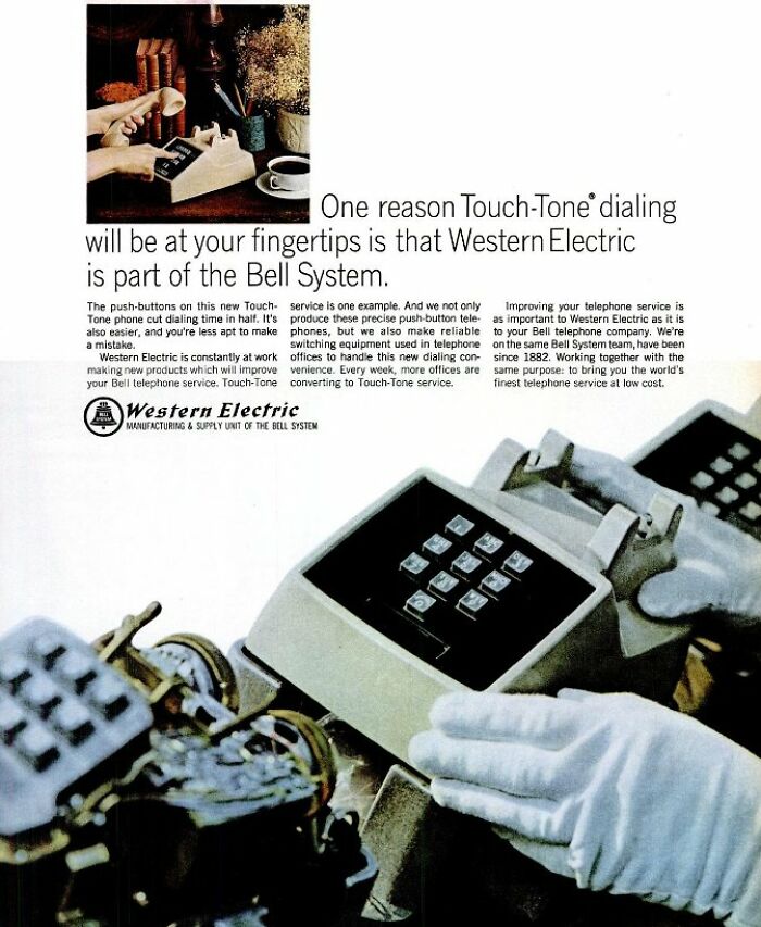 Vintage Western Electric ad showcasing Touch-Tone phone technology and Bell System innovation in classic telephone design.
