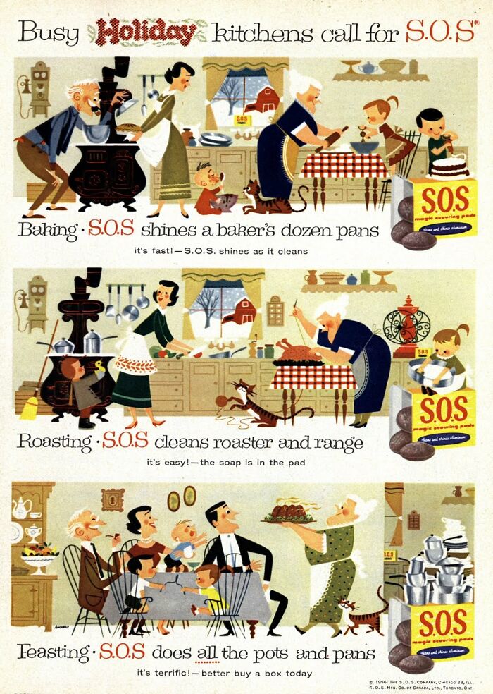 Vintage S.O.S cleaning pads ad showing holiday kitchen scenes with baking, roasting, and feasting in a retro style illustration.