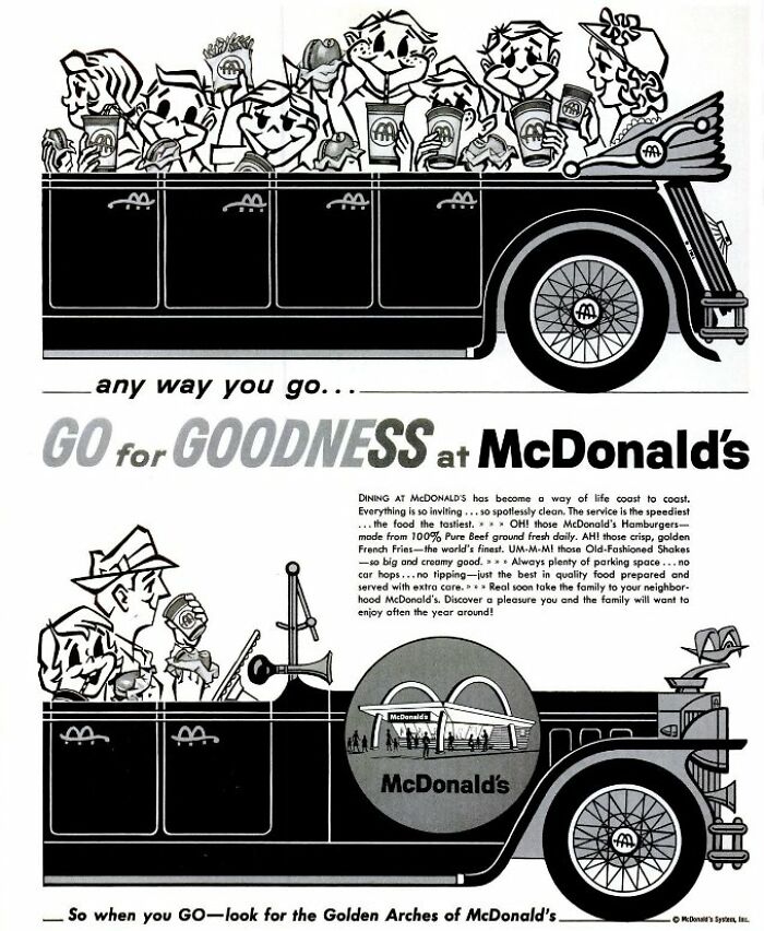 Vintage McDonald's ad showing cartoon characters in an old car promoting classic fast food and the Golden Arches logo.