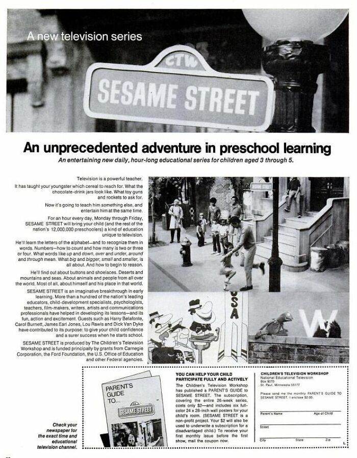 Vintage Sesame Street ad promoting educational television for preschool children with classic black and white images.