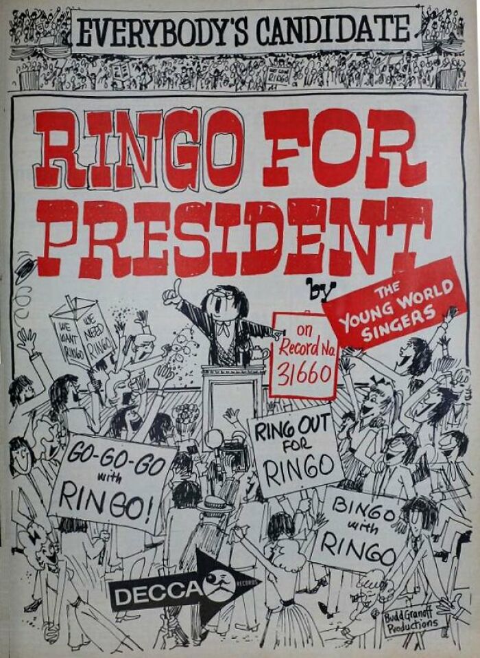 Vintage ad illustration showing a lively crowd with signs supporting Ringo for president in a retro style.