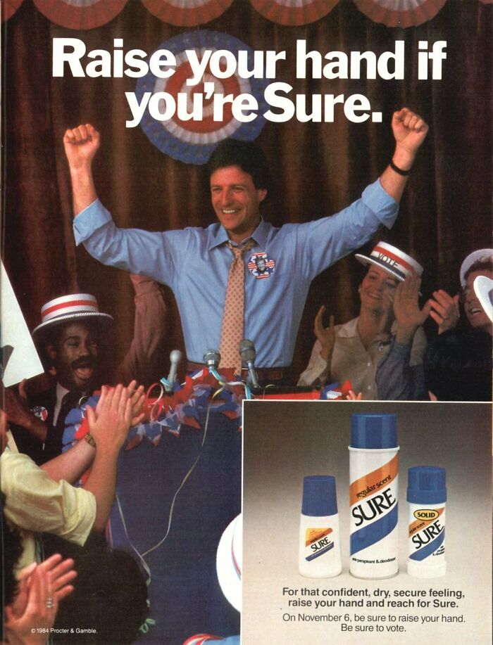 Vintage ad featuring a man raising his hands with a Sure deodorant product displayed, showcasing fascinating vintage ads.