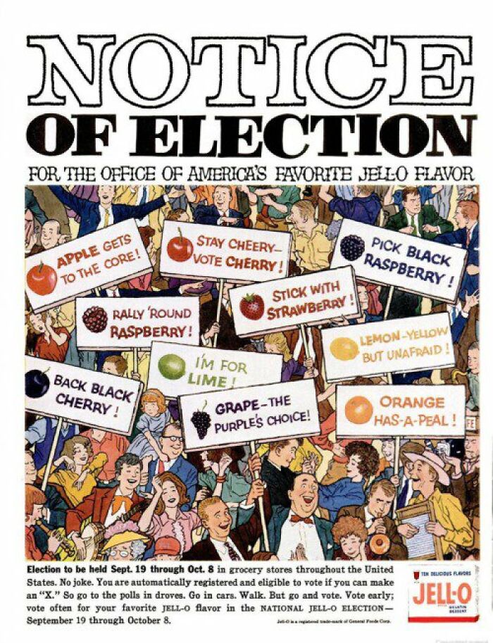 Vintage ad for Jell-O flavors featuring a humorous election with people holding signs for fruit flavors.