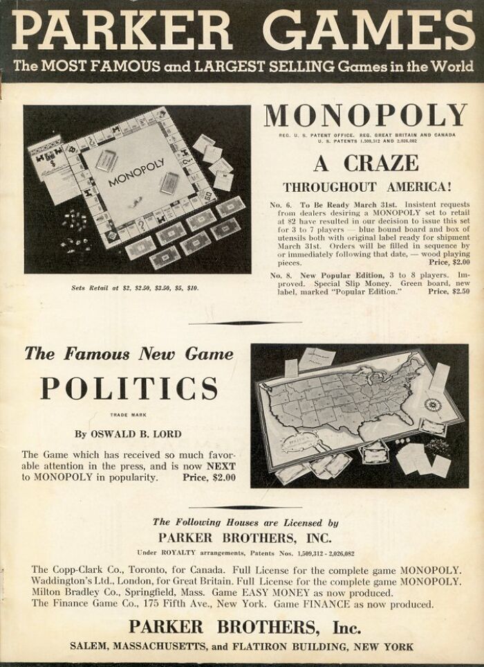 Vintage Monopoly and Politics board game ads by Parker Brothers showcasing popular and bizarre vintage ads.