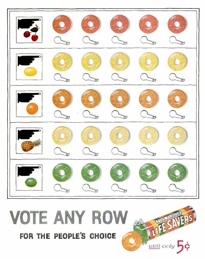 Vintage Life Savers candy ad showing fruit flavors in rows with a voting concept, illustrating a bizarre vintage ads style.