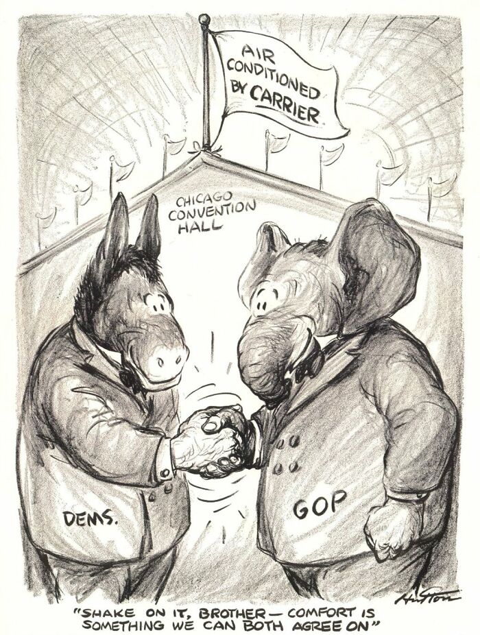 Vintage political ad featuring donkey and elephant mascots shaking hands at Chicago Convention Hall, showcasing vintage ads.