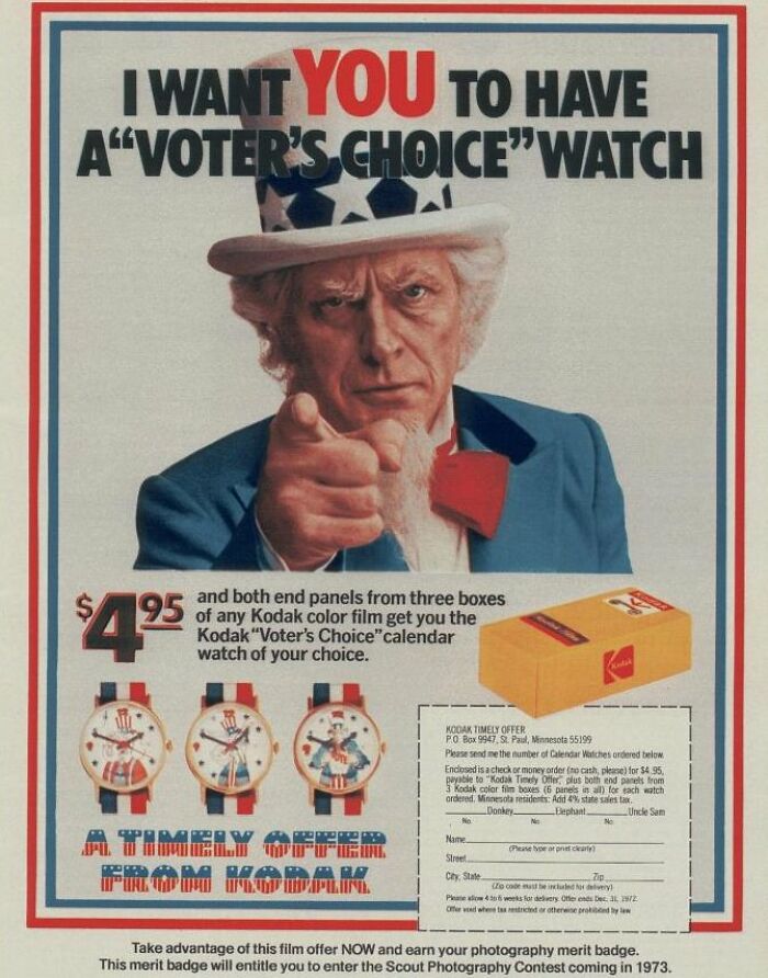 Vintage Kodak ad featuring a Voter’s Choice calendar watch offer with Uncle Sam pointing and colorful patriotic design.