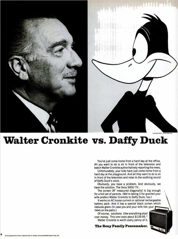 Vintage ad showing Walter Cronkite and Daffy Duck promoting Sony TV from bizarre vintage ads collection.